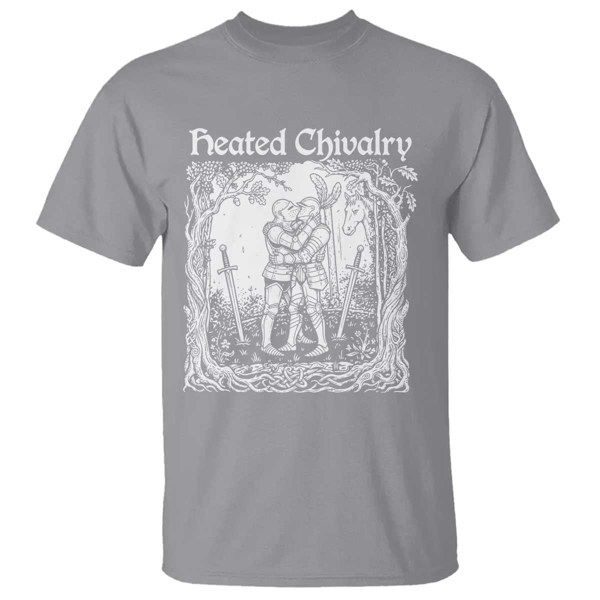 Heated Chivalry Kissing Knights T Shirt Romantic Funny Medieval Woodcut Fantasy Folklore Graphic TS02 Sport Gray Print Your Wear