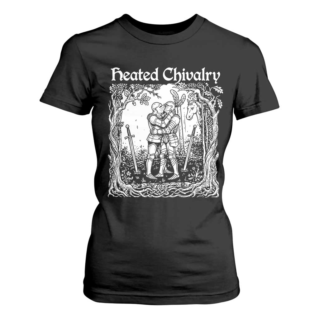 Heated Chivalry Kissing Knights T Shirt For Women Romantic Funny Medieval Woodcut Fantasy Folklore Graphic TS02 Black Print Your Wear