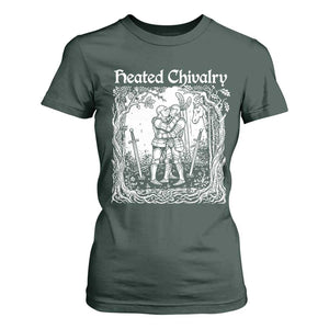 Heated Chivalry Kissing Knights T Shirt For Women Romantic Funny Medieval Woodcut Fantasy Folklore Graphic TS02 Dark Forest Green Print Your Wear