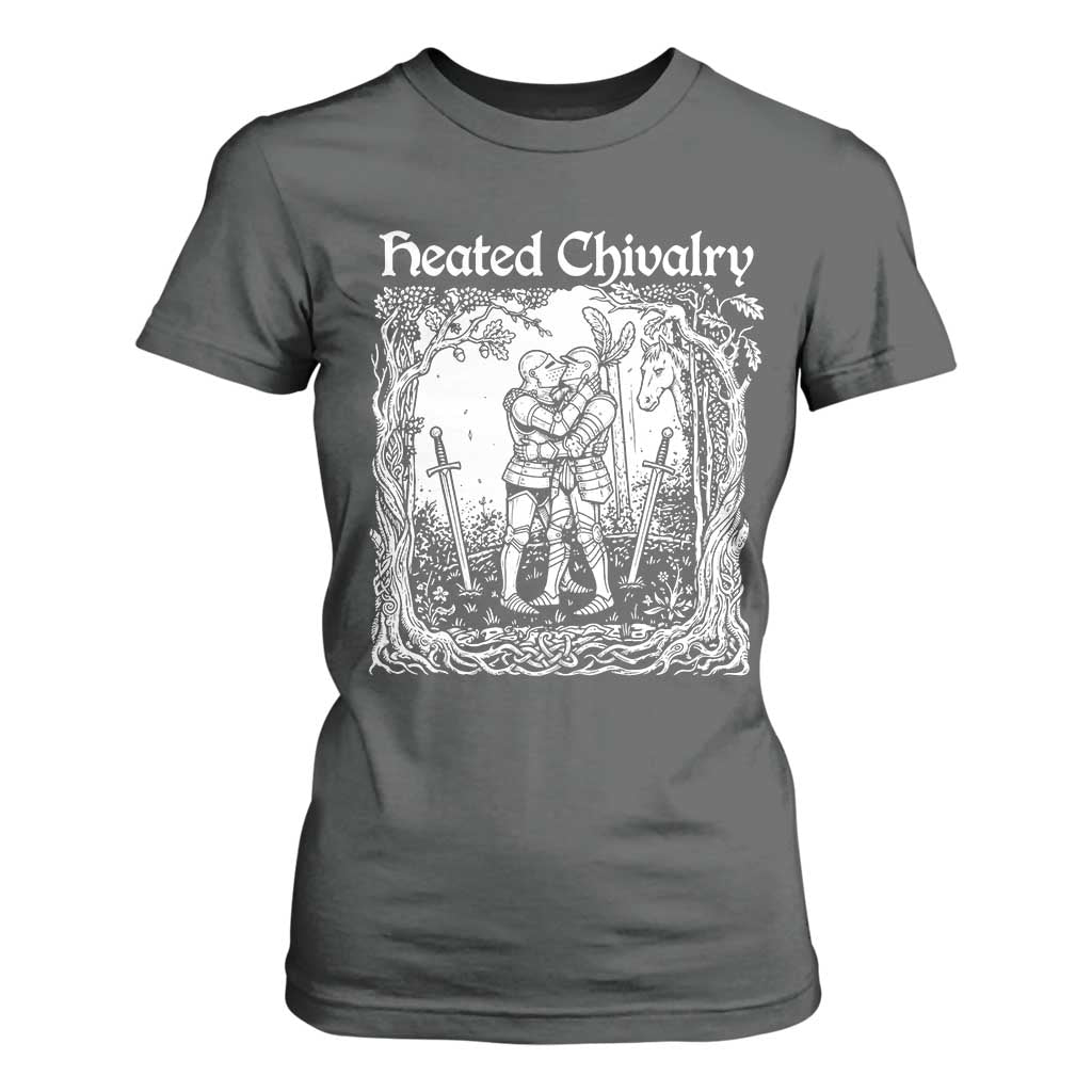 Heated Chivalry Kissing Knights T Shirt For Women Romantic Funny Medieval Woodcut Fantasy Folklore Graphic TS02 Dark Heather Print Your Wear