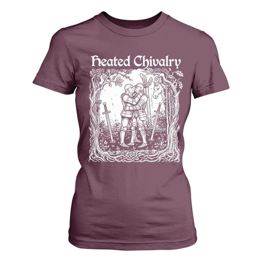 Heated Chivalry Kissing Knights T Shirt For Women Romantic Funny Medieval Woodcut Fantasy Folklore Graphic TS02 Maroon Print Your Wear