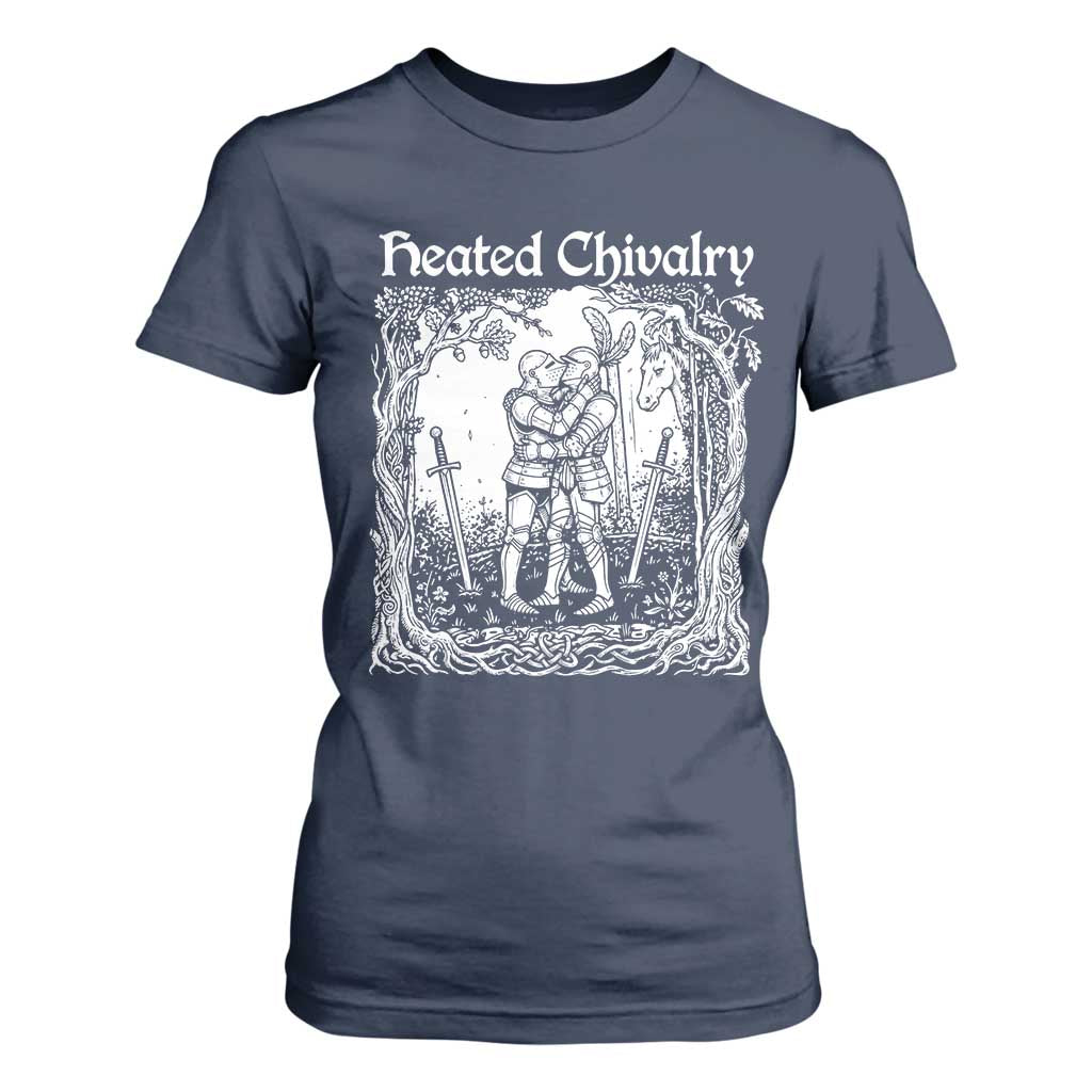 Heated Chivalry Kissing Knights T Shirt For Women Romantic Funny Medieval Woodcut Fantasy Folklore Graphic TS02 Navy Print Your Wear