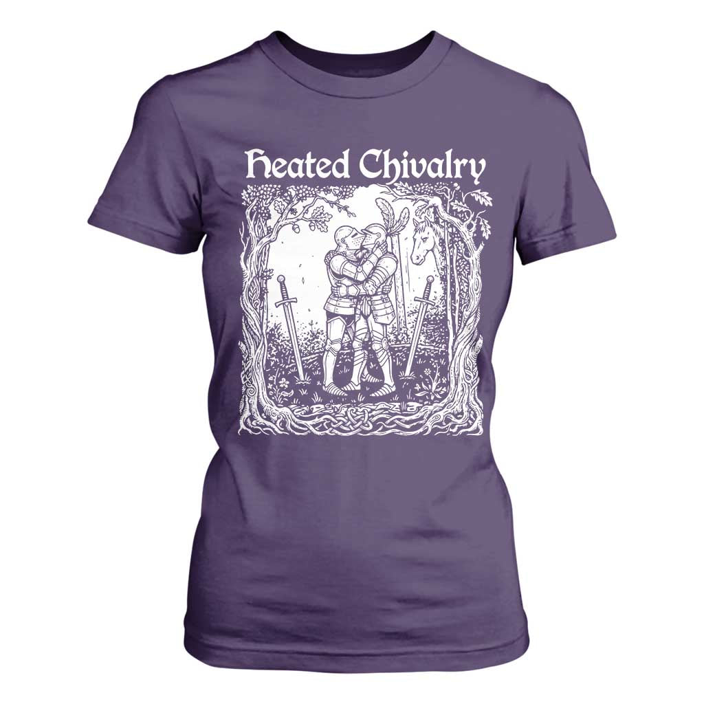 Heated Chivalry Kissing Knights T Shirt For Women Romantic Funny Medieval Woodcut Fantasy Folklore Graphic TS02 Purple Print Your Wear