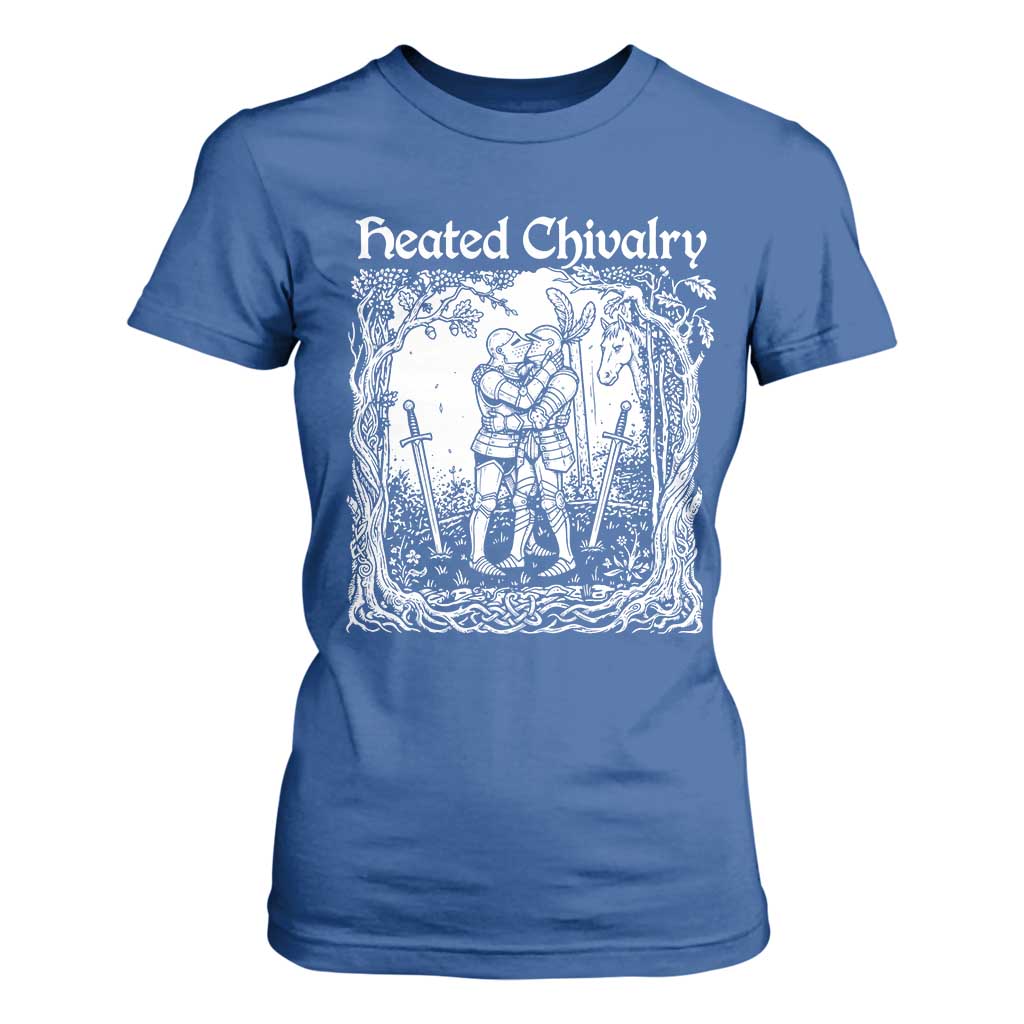 Heated Chivalry Kissing Knights T Shirt For Women Romantic Funny Medieval Woodcut Fantasy Folklore Graphic TS02 Royal Blue Print Your Wear