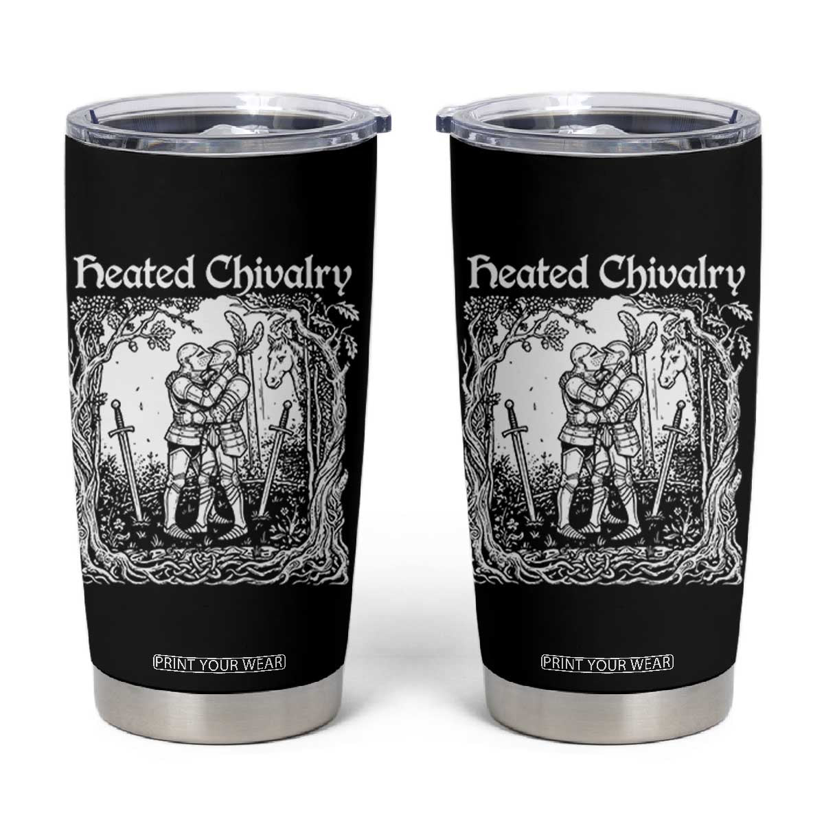 Heated Chivalry Kissing Knights Tumbler Cup Romantic Funny Medieval Woodcut Fantasy Folklore Graphic TS02 Black Print Your Wear