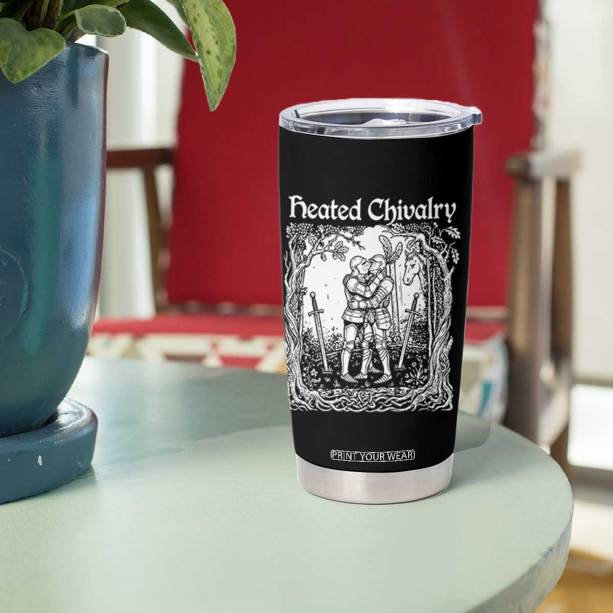 Heated Chivalry Kissing Knights Tumbler Cup Romantic Funny Medieval Woodcut Fantasy Folklore Graphic TS02 Print Your Wear