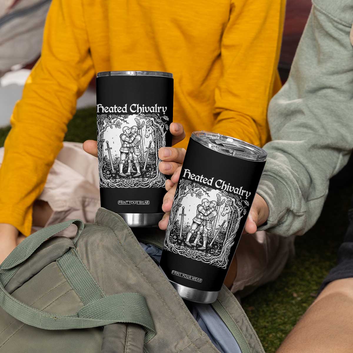 Heated Chivalry Kissing Knights Tumbler Cup Romantic Funny Medieval Woodcut Fantasy Folklore Graphic TS02 Print Your Wear