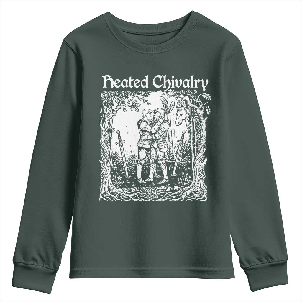 Heated Chivalry Kissing Knights Youth Sweatshirt Romantic Funny Medieval Woodcut Fantasy Folklore Graphic TS02 Dark Forest Green Print Your Wear