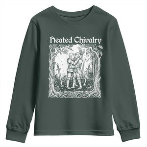 Heated Chivalry Kissing Knights Youth Sweatshirt Romantic Funny Medieval Woodcut Fantasy Folklore Graphic TS02 Dark Forest Green Print Your Wear