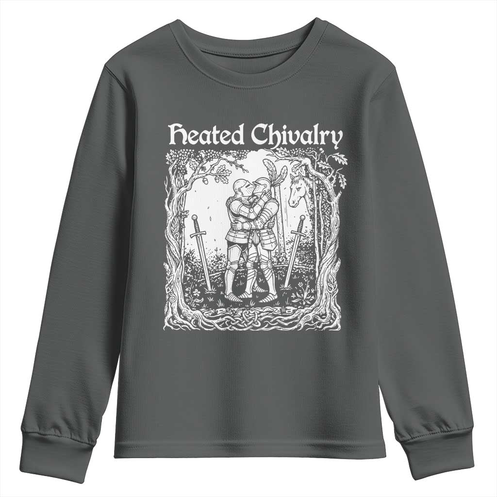 Heated Chivalry Kissing Knights Youth Sweatshirt Romantic Funny Medieval Woodcut Fantasy Folklore Graphic TS02 Dark Heather Print Your Wear