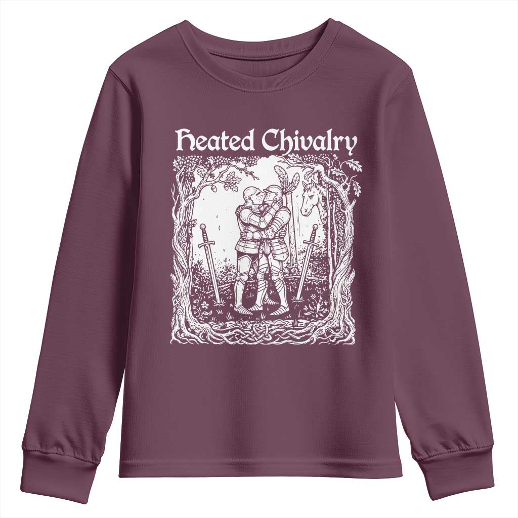 Heated Chivalry Kissing Knights Youth Sweatshirt Romantic Funny Medieval Woodcut Fantasy Folklore Graphic TS02 Maroon Print Your Wear