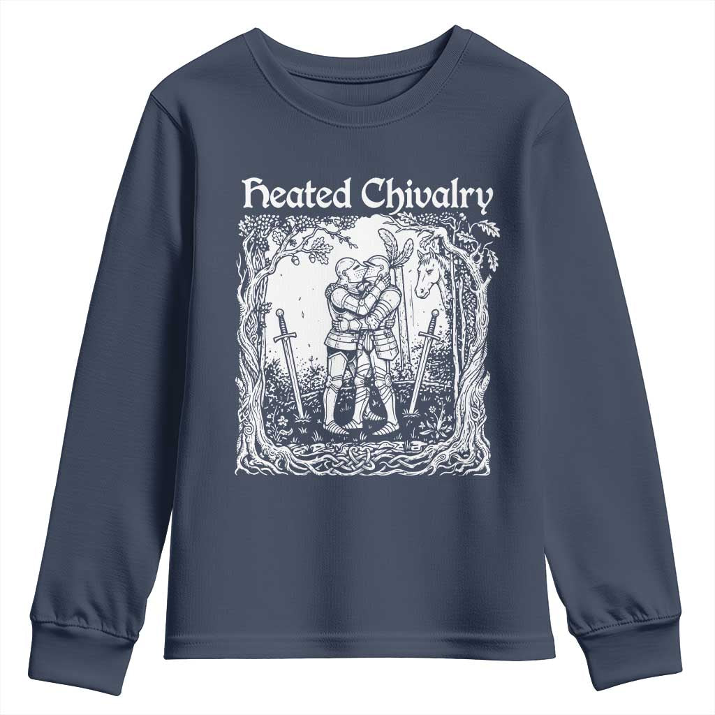Heated Chivalry Kissing Knights Youth Sweatshirt Romantic Funny Medieval Woodcut Fantasy Folklore Graphic TS02 Navy Print Your Wear