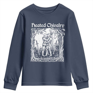 Heated Chivalry Kissing Knights Youth Sweatshirt Romantic Funny Medieval Woodcut Fantasy Folklore Graphic TS02 Navy Print Your Wear