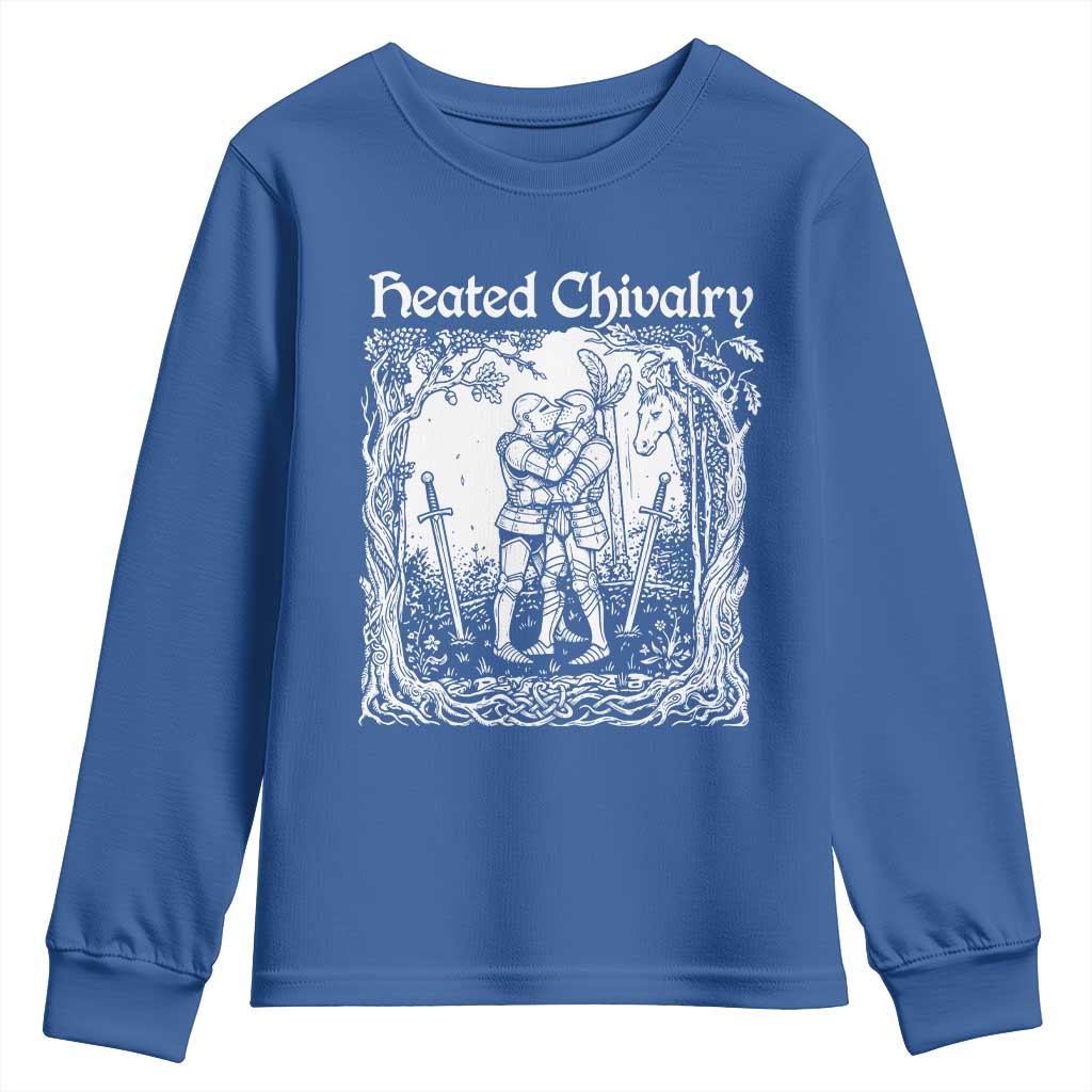 Heated Chivalry Kissing Knights Youth Sweatshirt Romantic Funny Medieval Woodcut Fantasy Folklore Graphic TS02 Royal Blue Print Your Wear