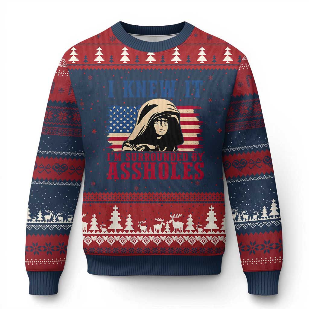 Funny I Knew It Im Surrounded by Axxholes Sci-fi Meme Ugly Christmas Sweater Patriotic Space Parody USA Flag Sarcastic 1980s Movie Quote TS02 Navy Red Print Your Wear