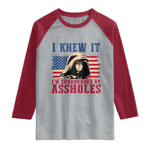 Funny I Knew It Im Surrounded by Axxholes Sci-fi Meme Raglan Shirt Patriotic Space Parody USA Flag Sarcastic 1980s Movie Quote TS02 Heather Gray Heather Red Print Your Wear