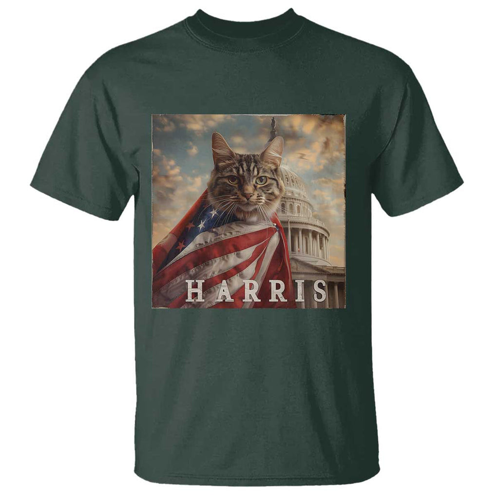 Childless Cat Ladies For Harris 2024 T Shirt Kamala For President Retro American Flag Cat Graphic TS02 Dark Forest Green Print Your Wear
