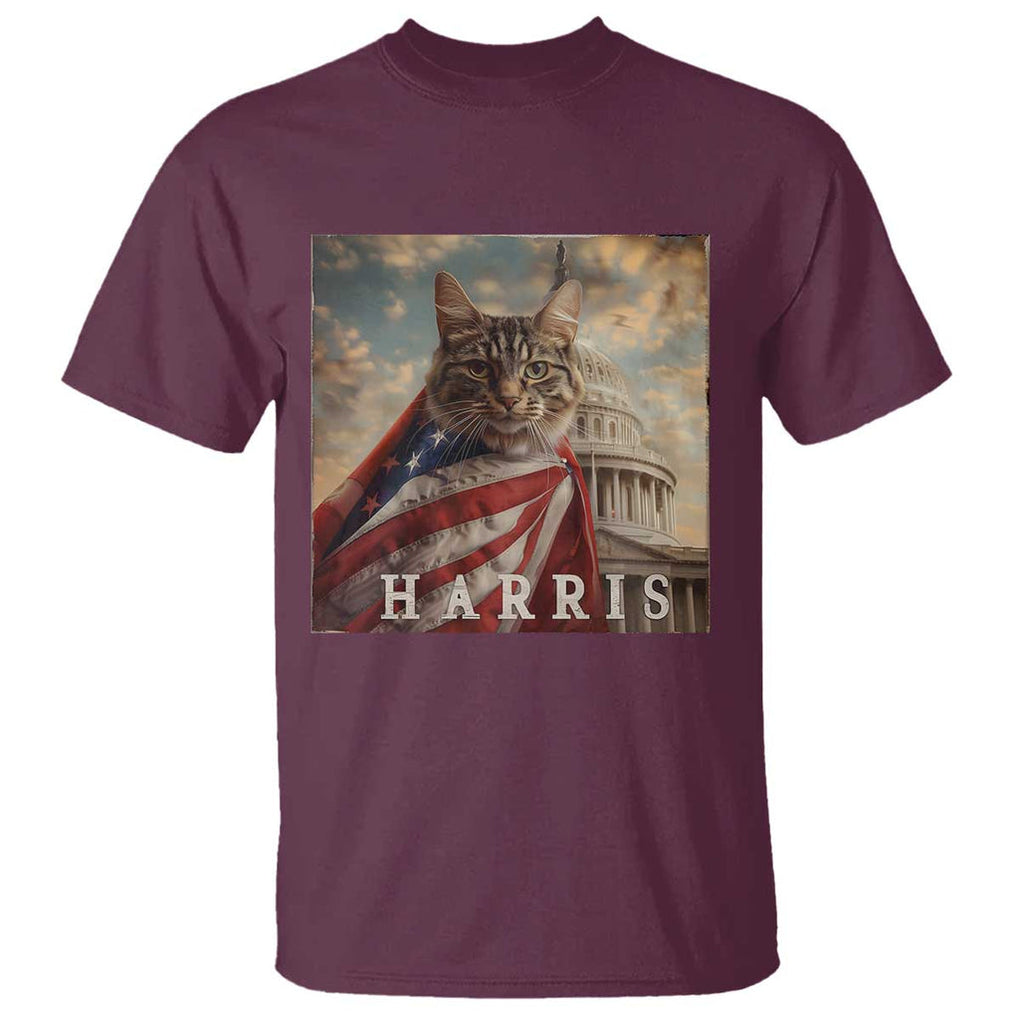 Childless Cat Ladies For Harris 2024 T Shirt Kamala For President Retro American Flag Cat Graphic TS02 Maroon Print Your Wear