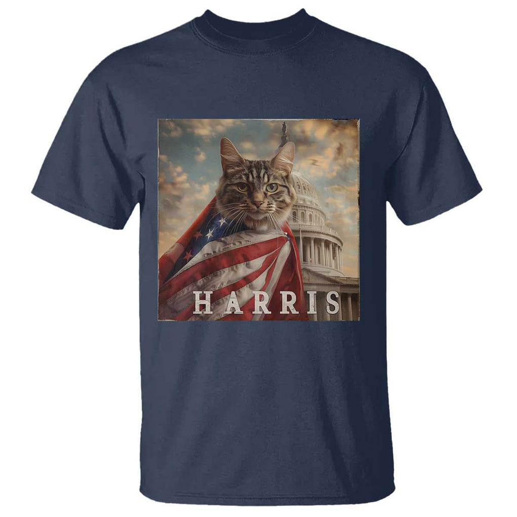 Childless Cat Ladies For Harris 2024 T Shirt Kamala For President Retro American Flag Cat Graphic TS02 Navy Print Your Wear