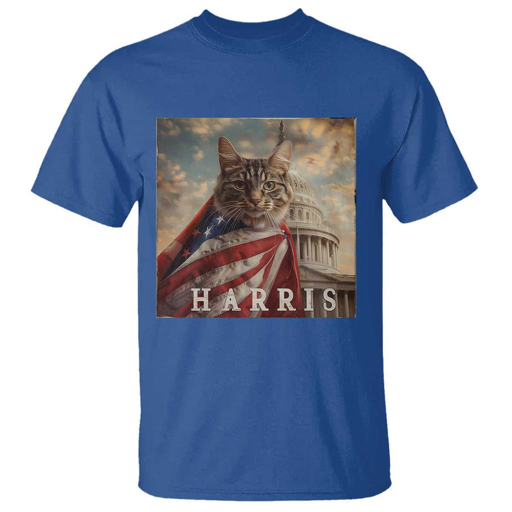 Childless Cat Ladies For Harris 2024 T Shirt Kamala For President Retro American Flag Cat Graphic TS02 Royal Blue Print Your Wear