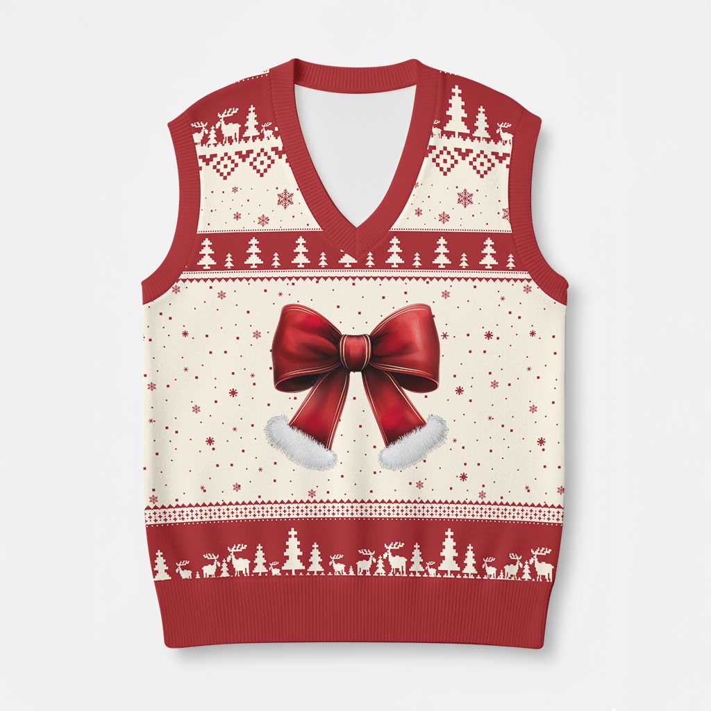 Red Coquette Bow Santa Retro Xmas Vibe V-Neck Knit Sweater Vest TS02 Beige Red Print Your Wear