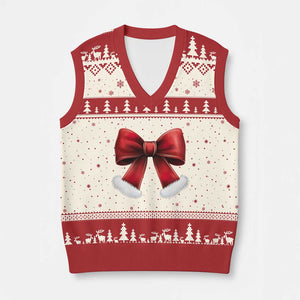 Red Coquette Bow Santa Retro Xmas Vibe V-Neck Knit Sweater Vest TS02 Beige Red Print Your Wear