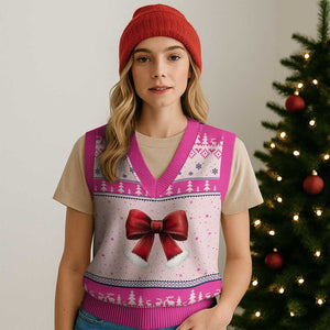 Red Coquette Bow Santa Retro Xmas Vibe V-Neck Knit Sweater Vest TS02 Hot Pink Print Your Wear