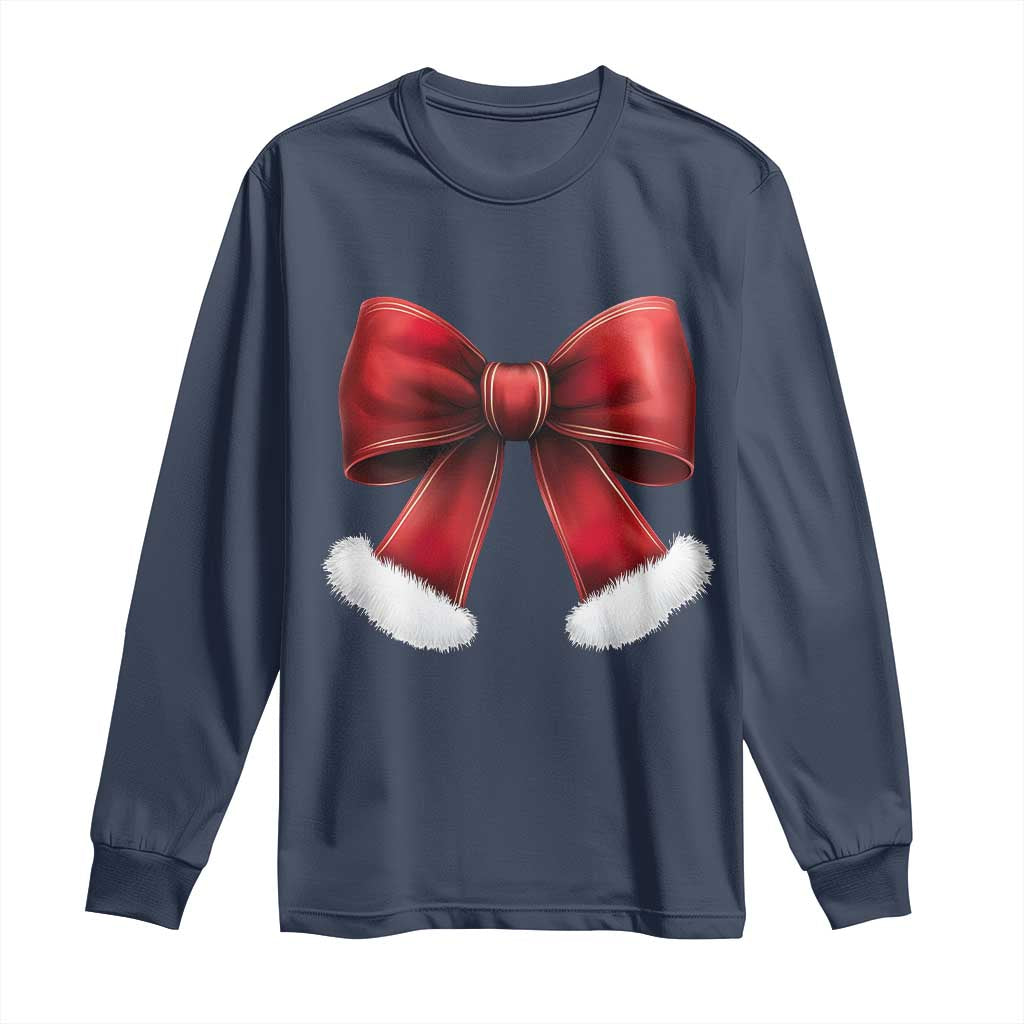 Red Coquette Bow Santa Retro Christmas Vibe Long Sleeve Shirt TS02 Navy Print Your Wear