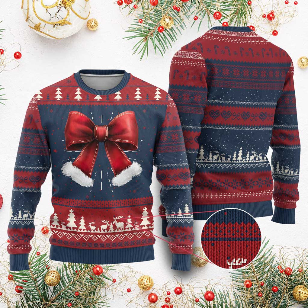 Red Coquette Bow Santa Retro Xmas Vibe Ugly Christmas Sweater TS02 Burgundy Print Your Wear