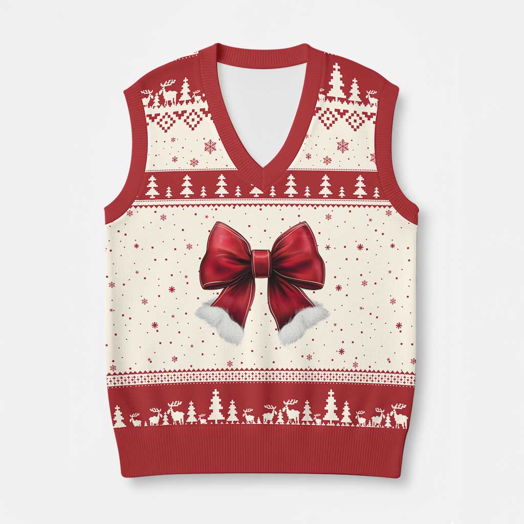 Red Coquette Bow Santa Xmas Vibe V-Neck Knit Sweater Vest TS02 Beige Red Print Your Wear