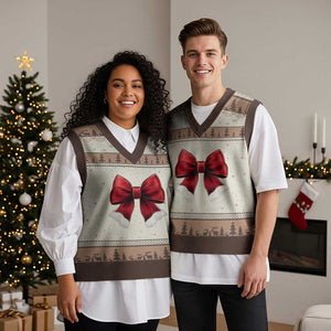 Red Coquette Bow Santa Xmas Vibe V-Neck Knit Sweater Vest TS02 Mocha Mousse Print Your Wear