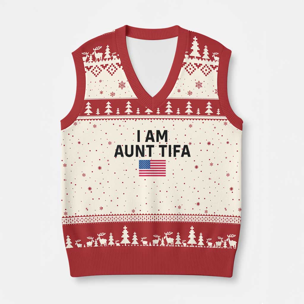Funny I Am Aunt Tifa V-Neck Knit Sweater Vest Sarcastic Political Meme American Flag TS02 Beige Red Print Your Wear