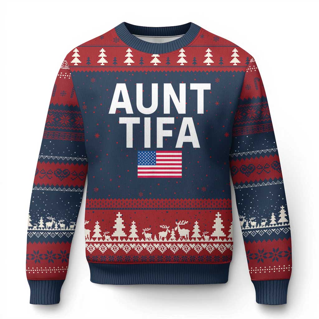 Aunt Tifa Ugly Christmas Sweater Funny Political Sarcasm Patriotic American Flag TS02 Navy Red Print Your Wear