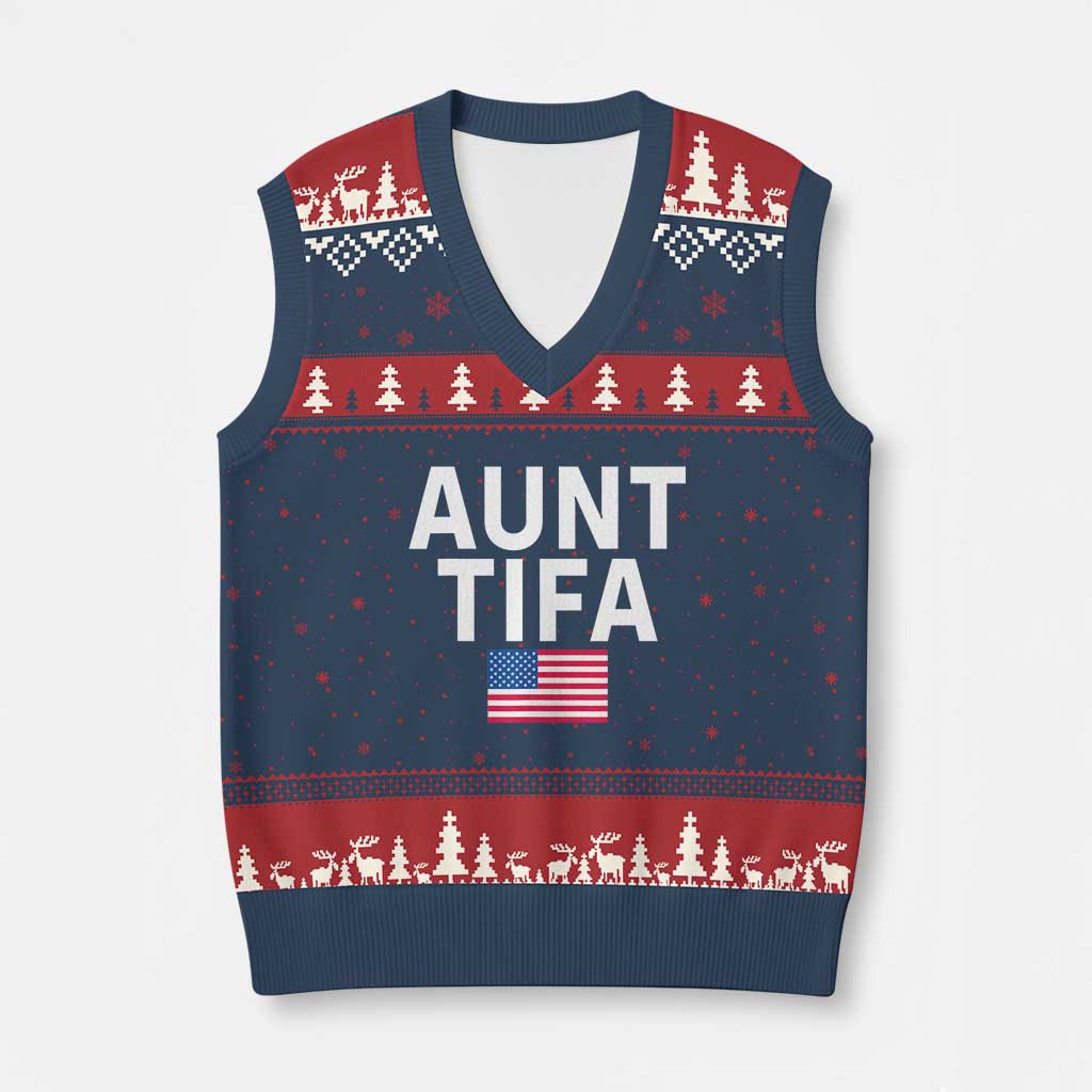 Aunt Tifa V-Neck Knit Sweater Vest Funny Political Sarcasm Patriotic American Flag TS02 Navy Red Print Your Wear