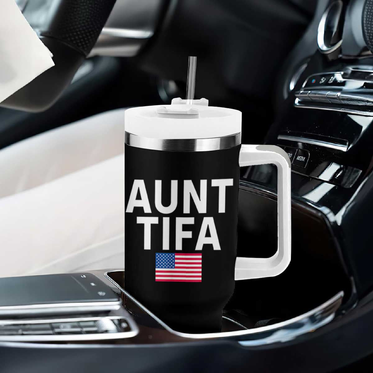 Aunt Tifa Tumbler With Handle Funny Political Sarcasm Patriotic American Flag TS02 Print Your Wear