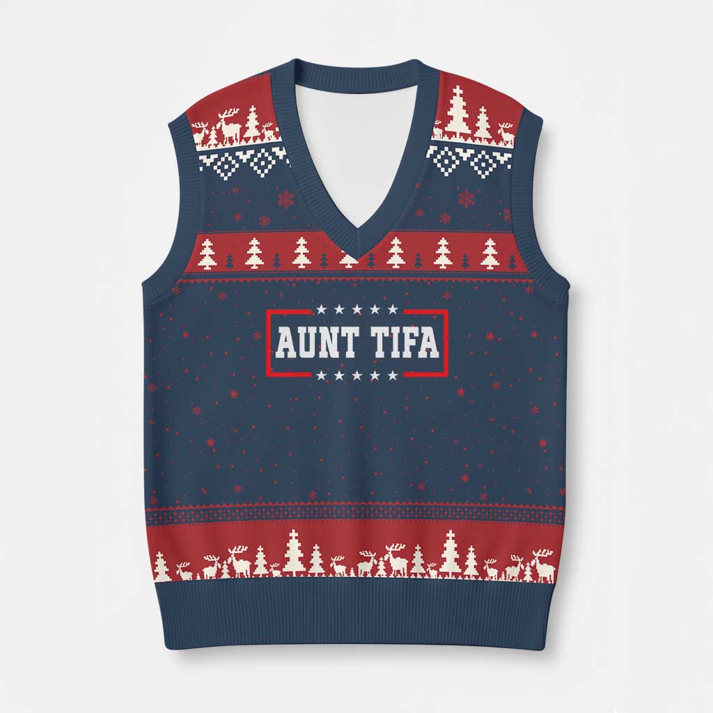 Aunt Tifa V-Neck Knit Sweater Vest Funny Political Sarcasm Patriotic TS02 Navy Red Print Your Wear