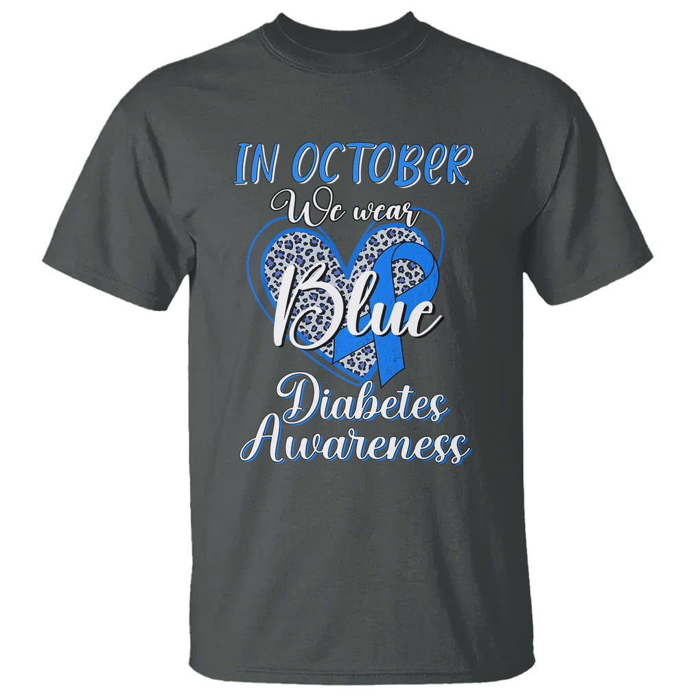 In October We Wear Blue Ribbon Heart Diabetes Awareness T Shirt TS02 Dark Heather Printyourwear