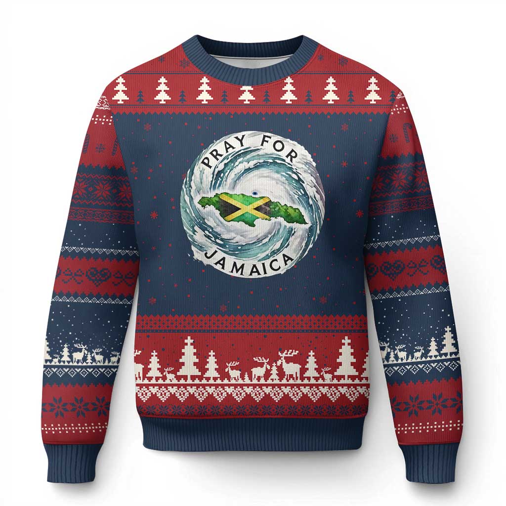 Pray For Jamaica Hurricane Support Ugly Christmas Sweater Strong Island Map and Storm Graphic TS02 Navy Red Print Your Wear