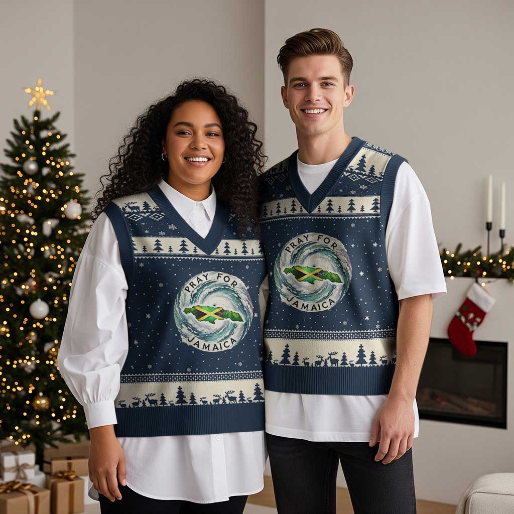 Pray For Jamaica Hurricane Support V-Neck Knit Sweater Vest Strong Island Map and Storm Graphic TS02 Navy Beige Print Your Wear