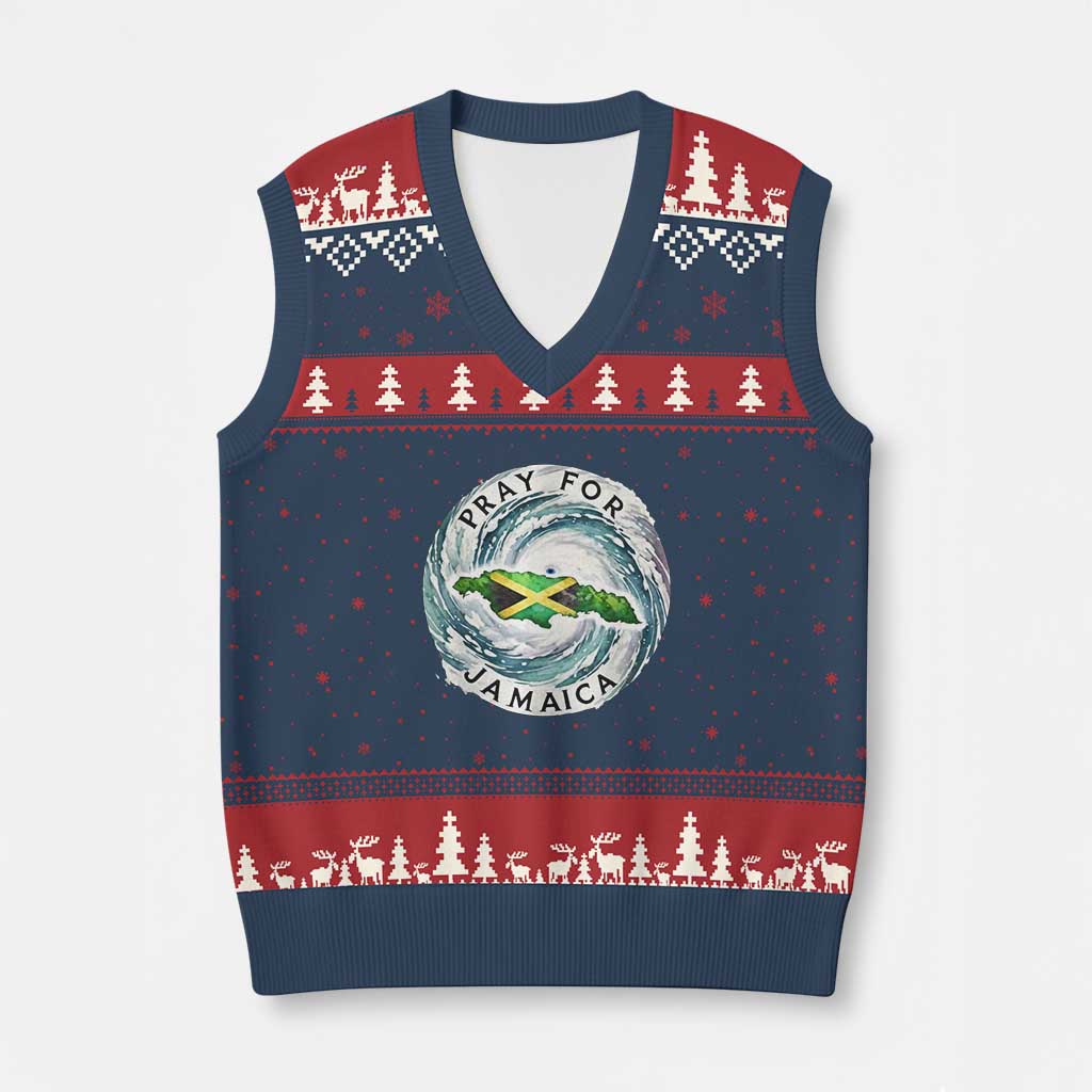 Pray For Jamaica Hurricane Support V-Neck Knit Sweater Vest Strong Island Map and Storm Graphic TS02 Navy Red Print Your Wear
