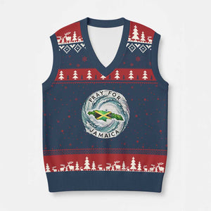 Pray For Jamaica Hurricane Support V-Neck Knit Sweater Vest Strong Island Map and Storm Graphic TS02 Navy Red Print Your Wear