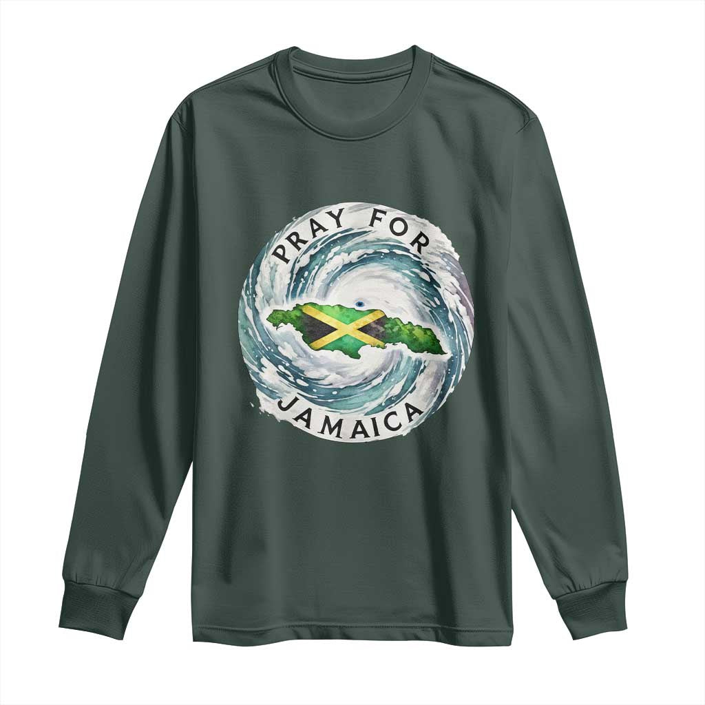 Pray For Jamaica Hurricane Support Long Sleeve Shirt Strong Island Map and Storm Graphic TS02 Dark Forest Green Print Your Wear
