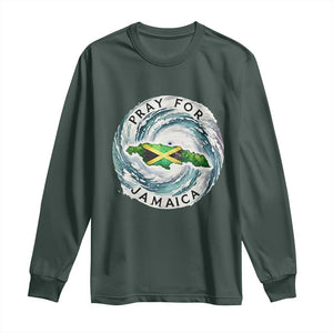 Pray For Jamaica Hurricane Support Long Sleeve Shirt Strong Island Map and Storm Graphic TS02 Dark Forest Green Print Your Wear