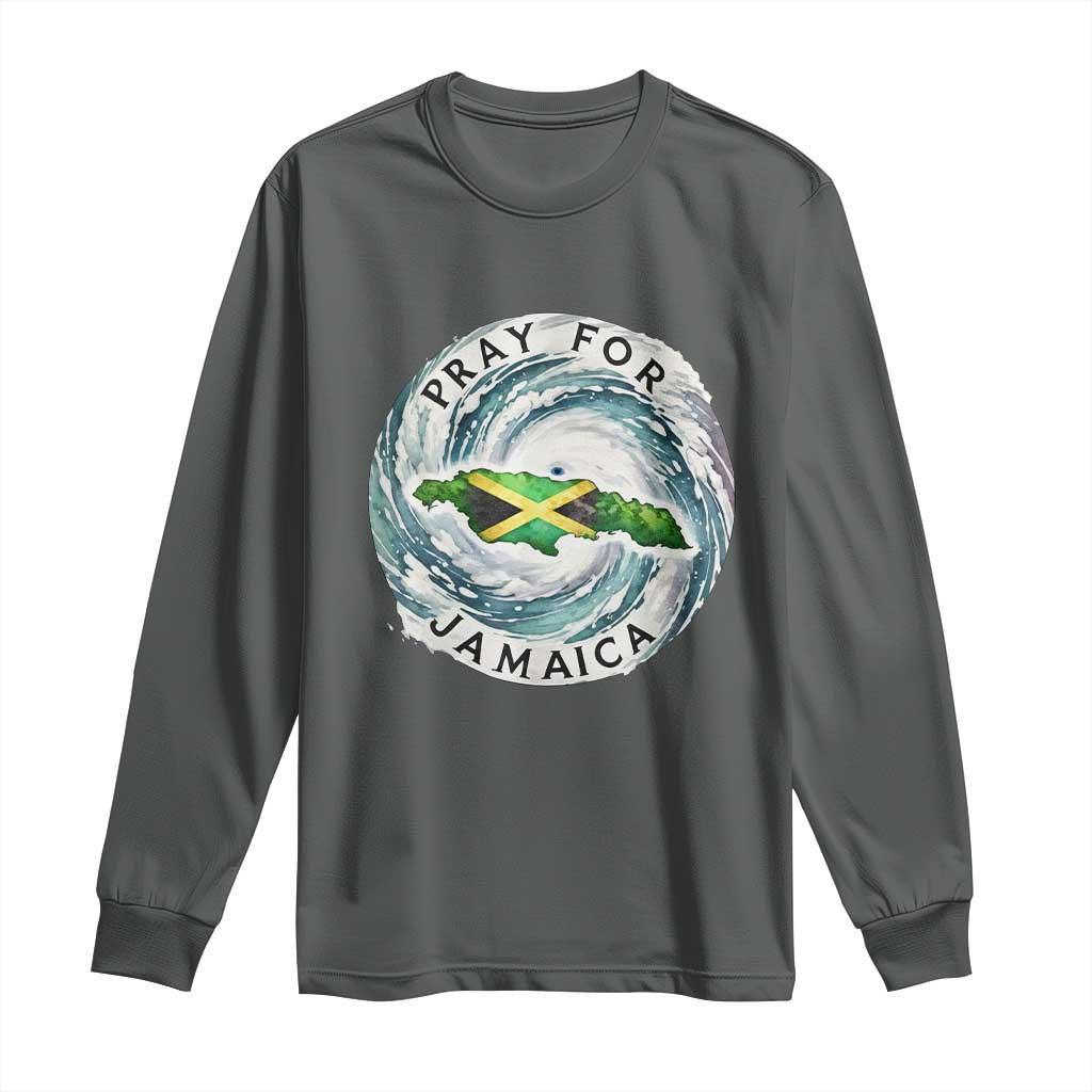 Pray For Jamaica Hurricane Support Long Sleeve Shirt Strong Island Map and Storm Graphic TS02 Dark Heather Print Your Wear