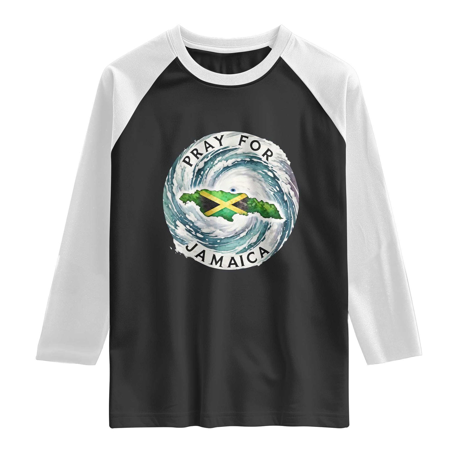 Pray For Jamaica Hurricane Support Raglan Shirt Strong Island Map and Storm Graphic TS02 Black White Print Your Wear
