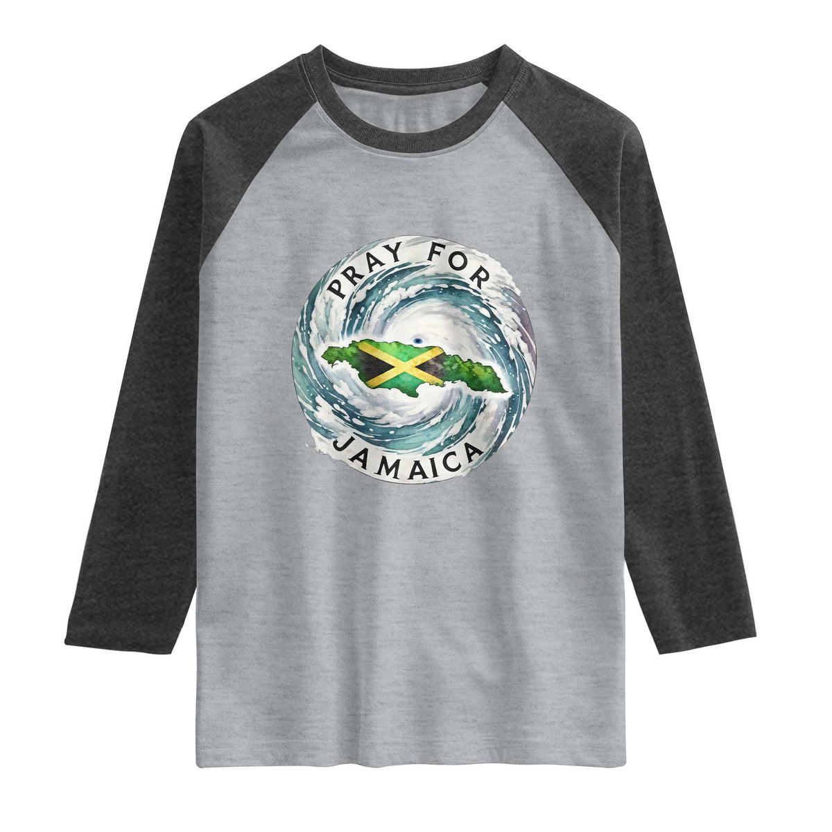 Pray For Jamaica Hurricane Support Raglan Shirt Strong Island Map and Storm Graphic TS02 Heather Gray Heather Charcoal Print Your Wear