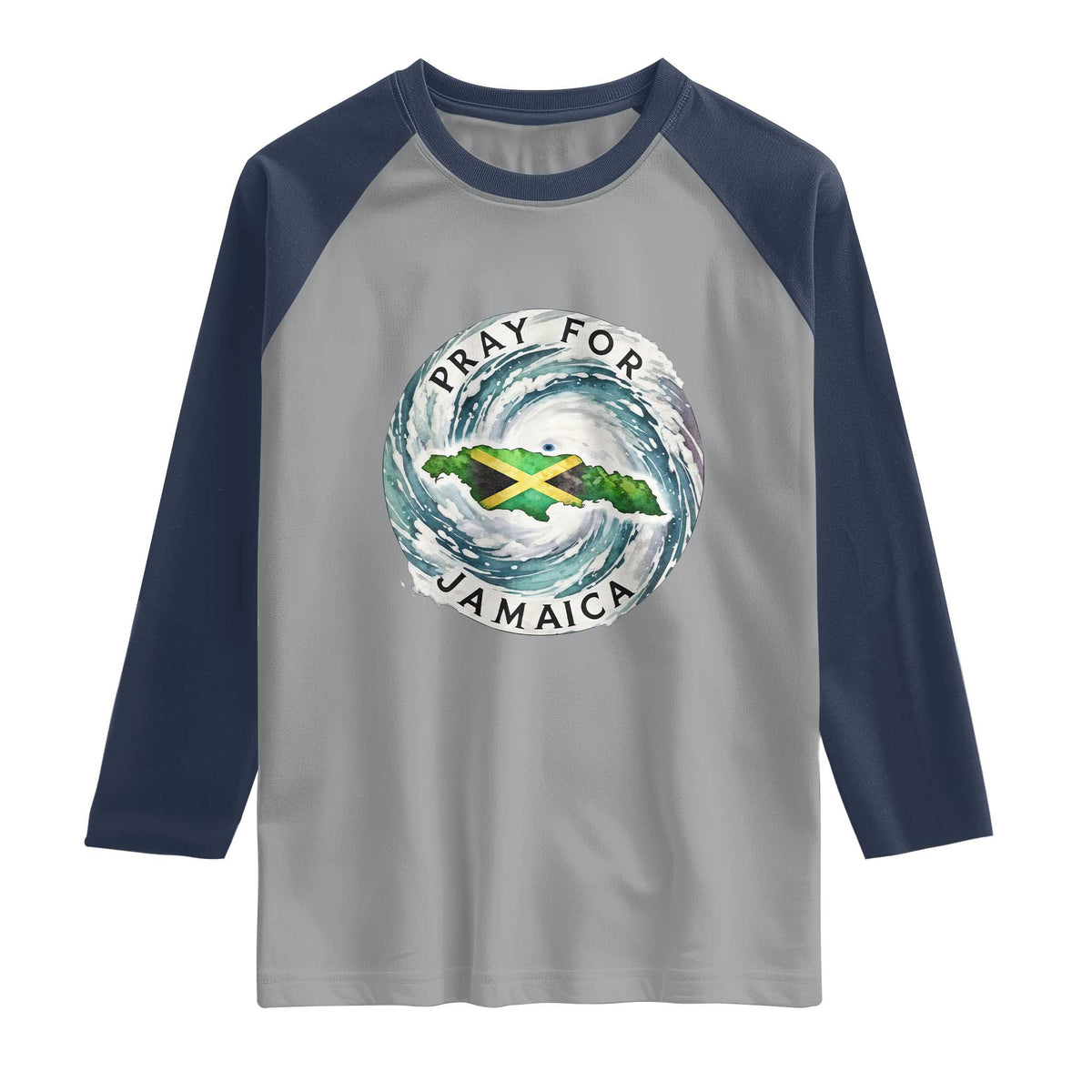Pray For Jamaica Hurricane Support Raglan Shirt Strong Island Map and Storm Graphic TS02 Sport Gray Navy Print Your Wear