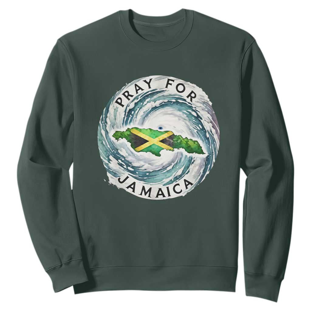 Pray For Jamaica Hurricane Support Sweatshirt Strong Island Map and Storm Graphic TS02 Dark Forest Green Print Your Wear