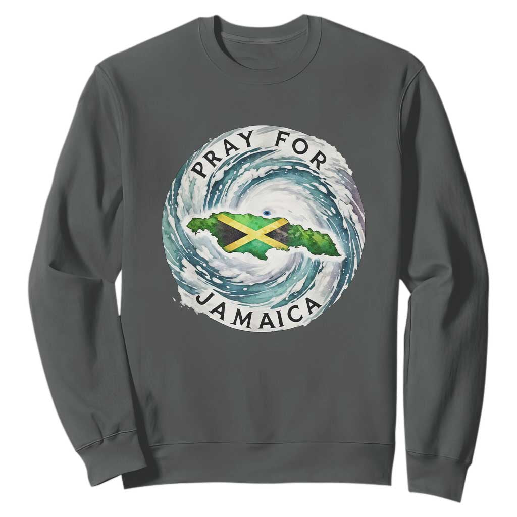 Pray For Jamaica Hurricane Support Sweatshirt Strong Island Map and Storm Graphic TS02 Dark Heather Print Your Wear
