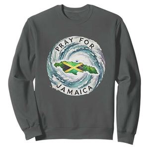 Pray For Jamaica Hurricane Support Sweatshirt Strong Island Map and Storm Graphic TS02 Dark Heather Print Your Wear